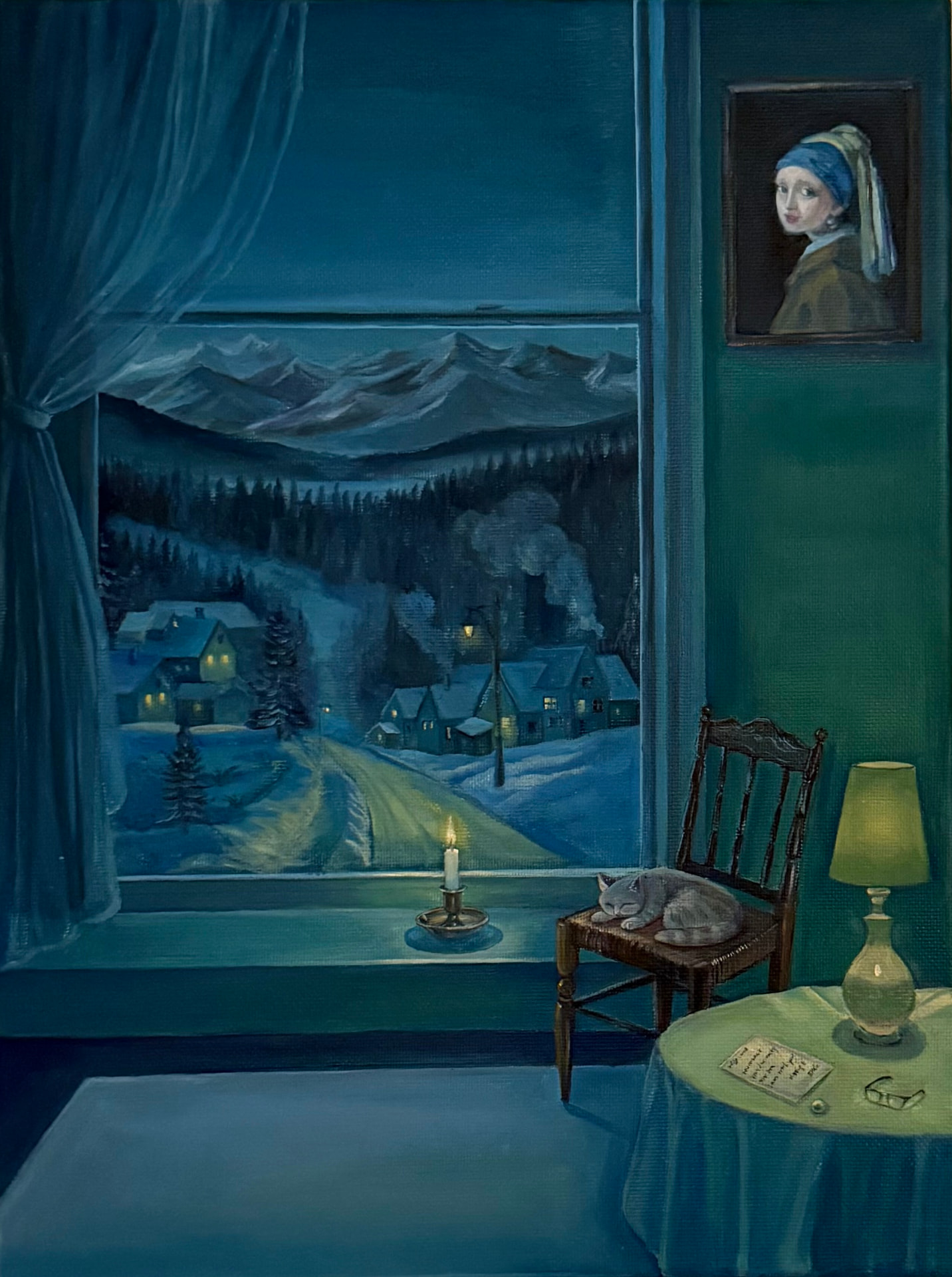 A teal-lit room at night looking out over a snowy village