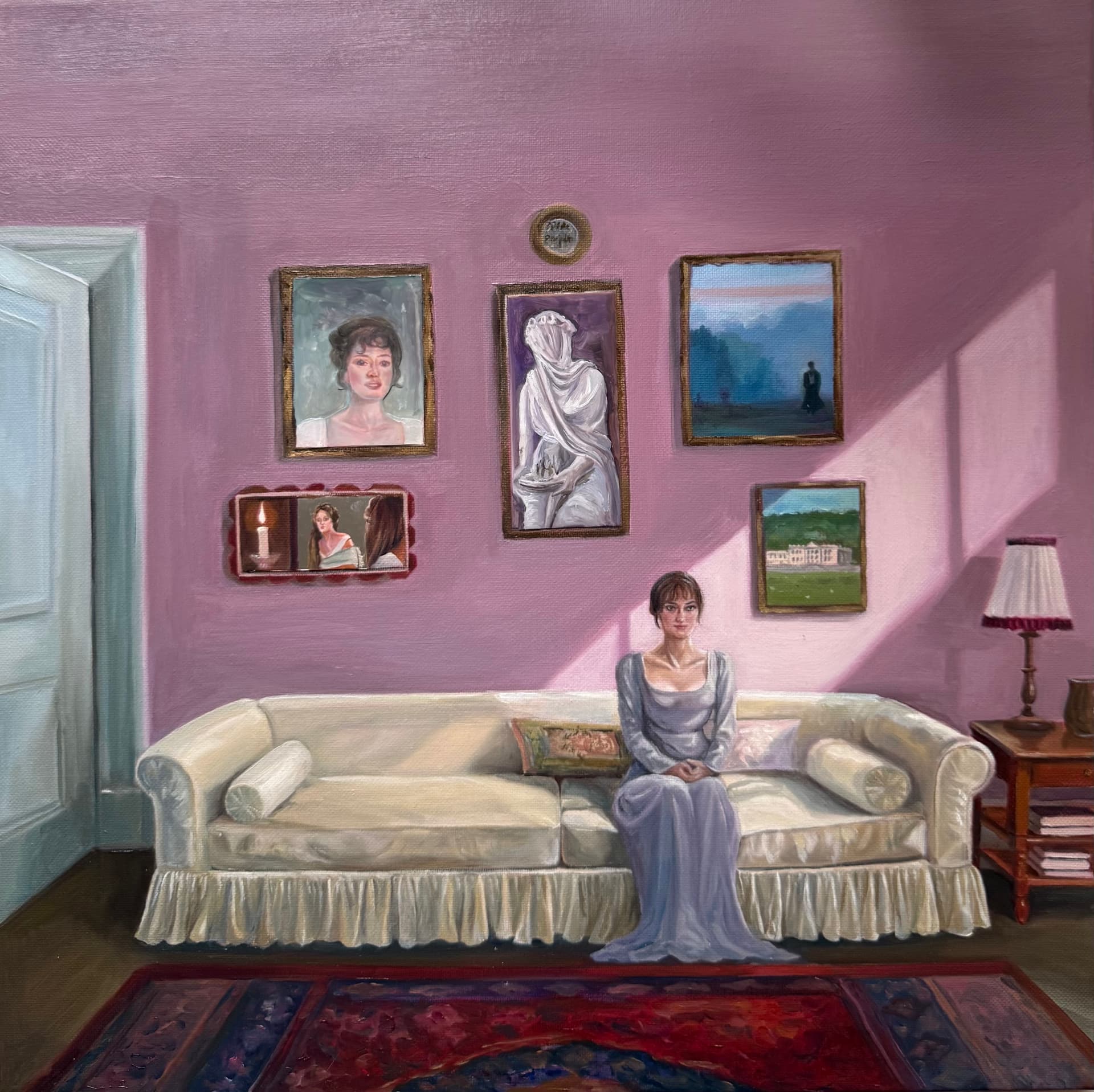 Room of Reflection — oil painting of a quiet rose-toned interior with a seated figure and framed artworks
