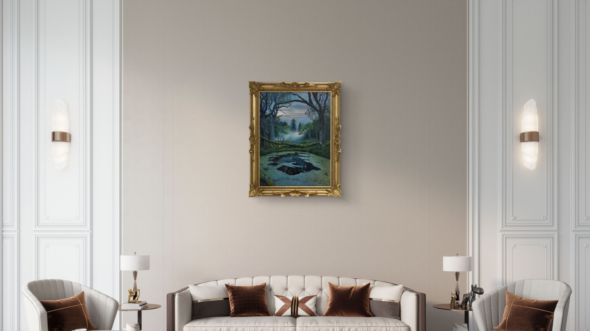 A framed misty forest pond painting in an elegant interior